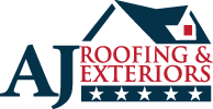 the logo for aj roofing and exteriors shows a house with a roof and stars .