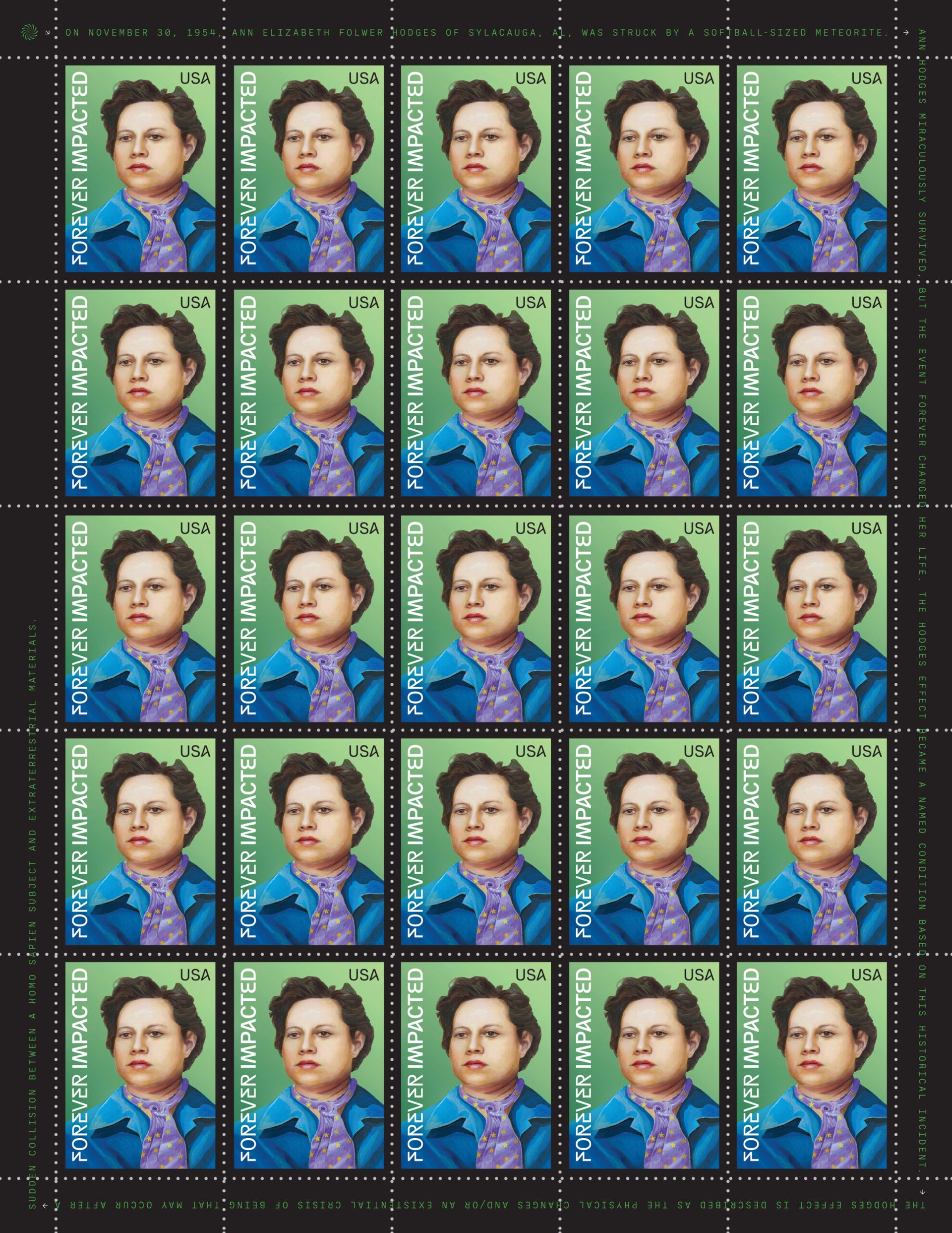 Grid of repeated portrait photos showing the same person in a blue shirt on a green background