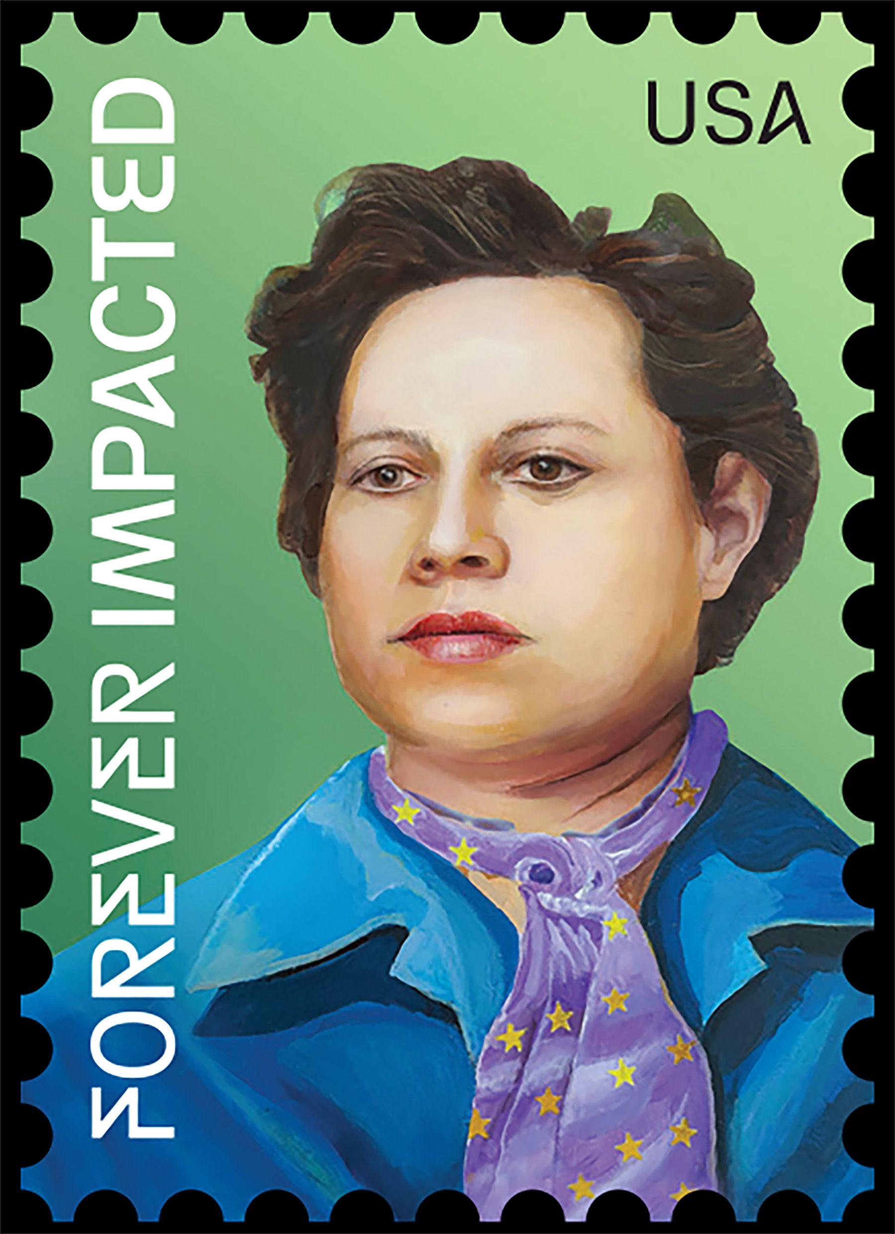U.S. postage stamp with the words “FOREVER IMPACTED” and a portrait of a woman in a blue coat and purple scarf