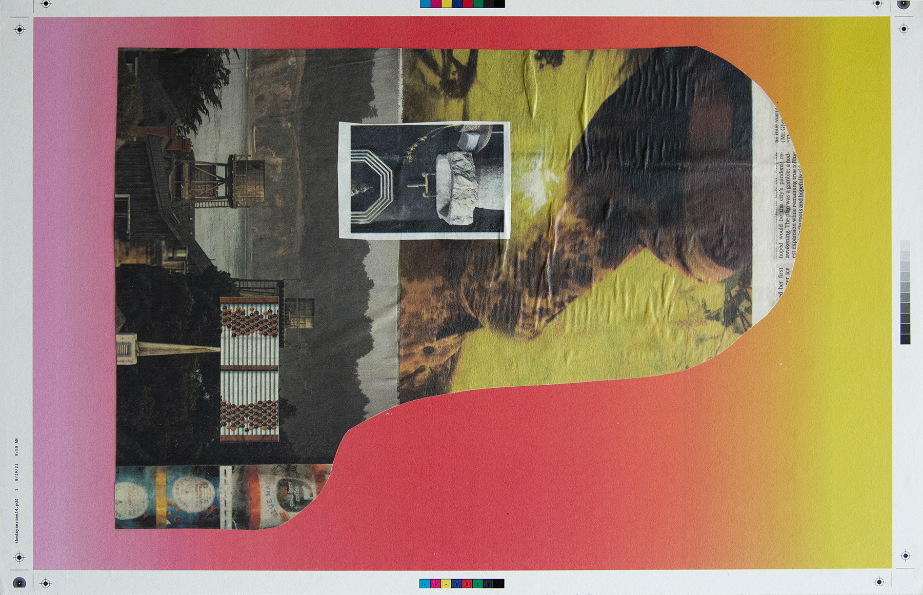 Abstract collage with a pink and yellow border, featuring a face silhouette and dark city scenes.