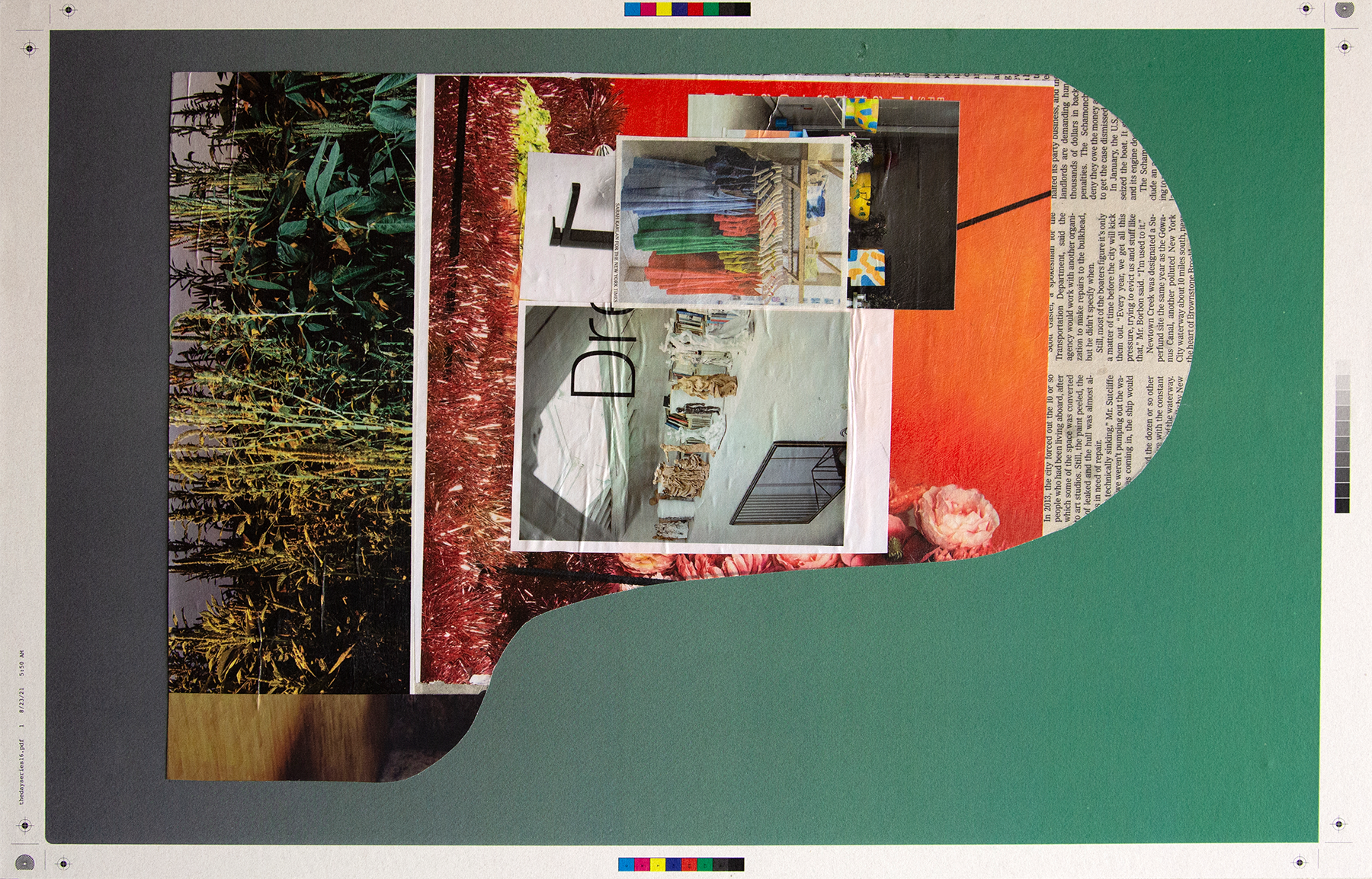 Abstract collage on green background with layered building, forest, and orange-red shapes