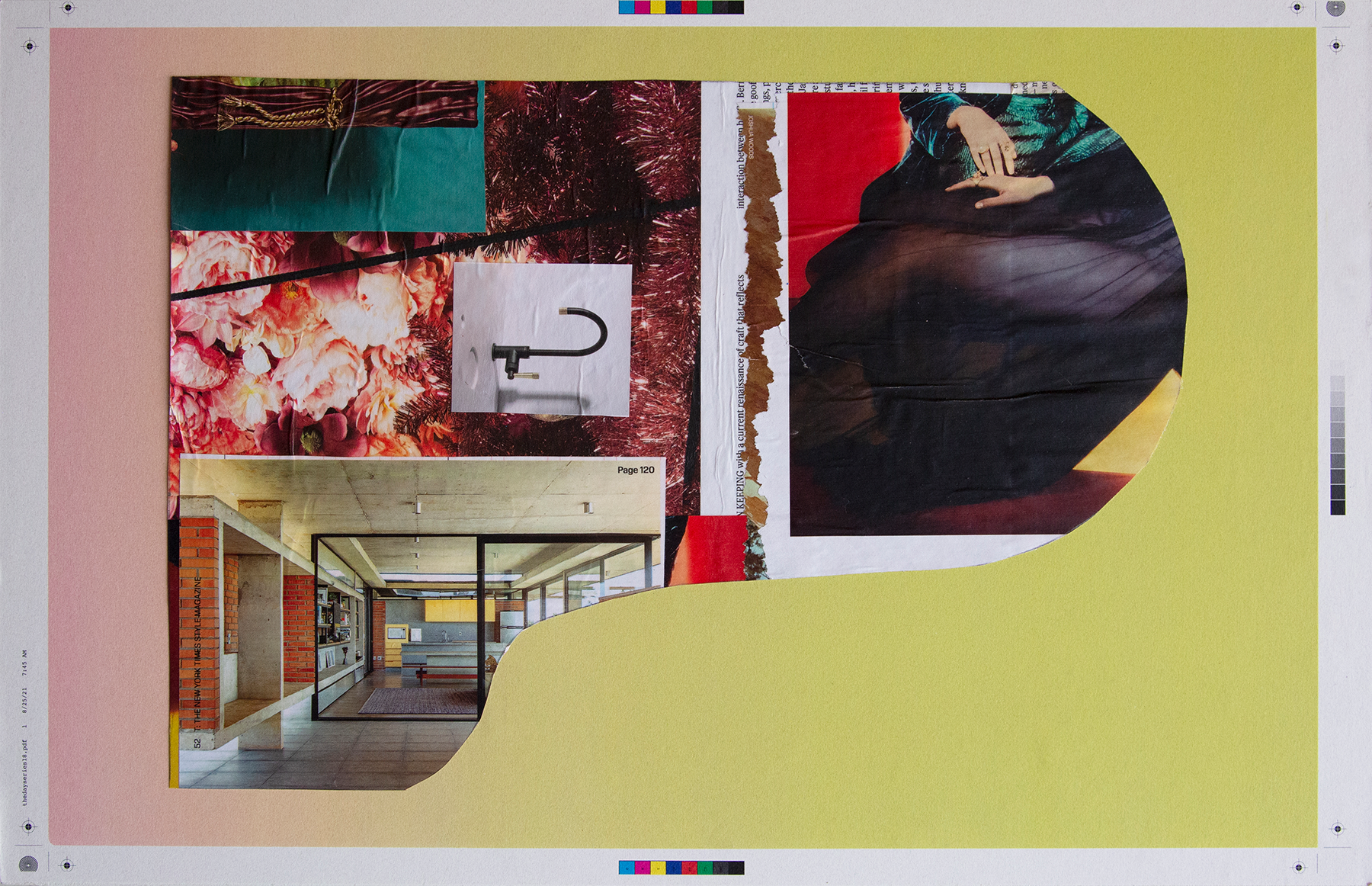 Collage of abstract color blocks, a hallway photo, and a person in a dark jacket on a yellow background