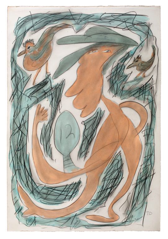 Abstract teal and orange painting of a reclining figure with flowing, swirling lines