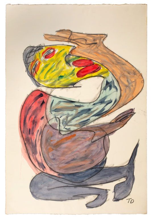 Abstract colorful sculpture-like drawing with layered curving shapes in yellow, red, blue, brown, and gray