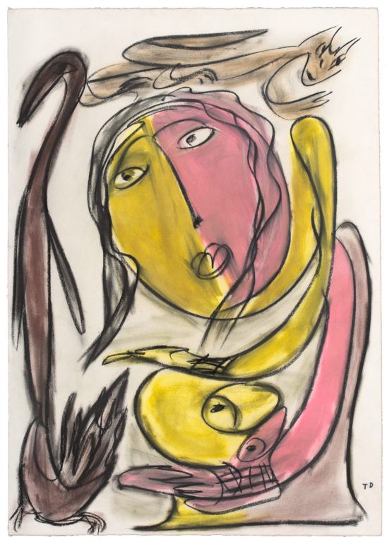 Abstract drawing of two stylized faces in yellow, pink, and black with swirling lines and bird-like shapes