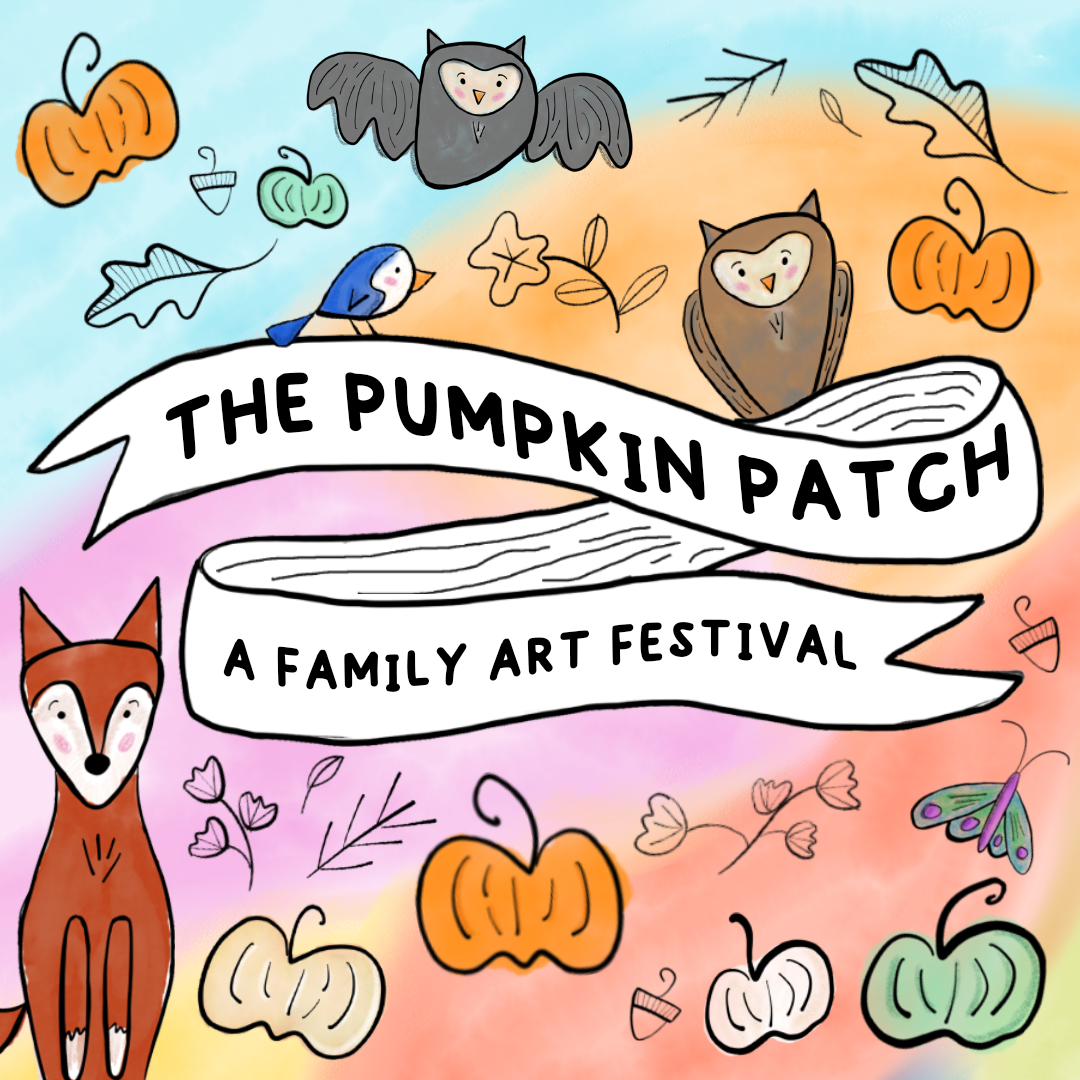 “The Pumpkin Patch” family art festival poster with autumn animals, pumpkins, and pastel fall leaves