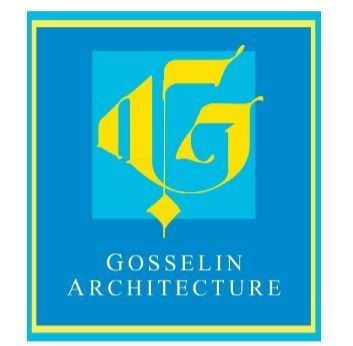 Blue and teal Gosselin Architecture logo with gold stylized “G” initials and text beneath