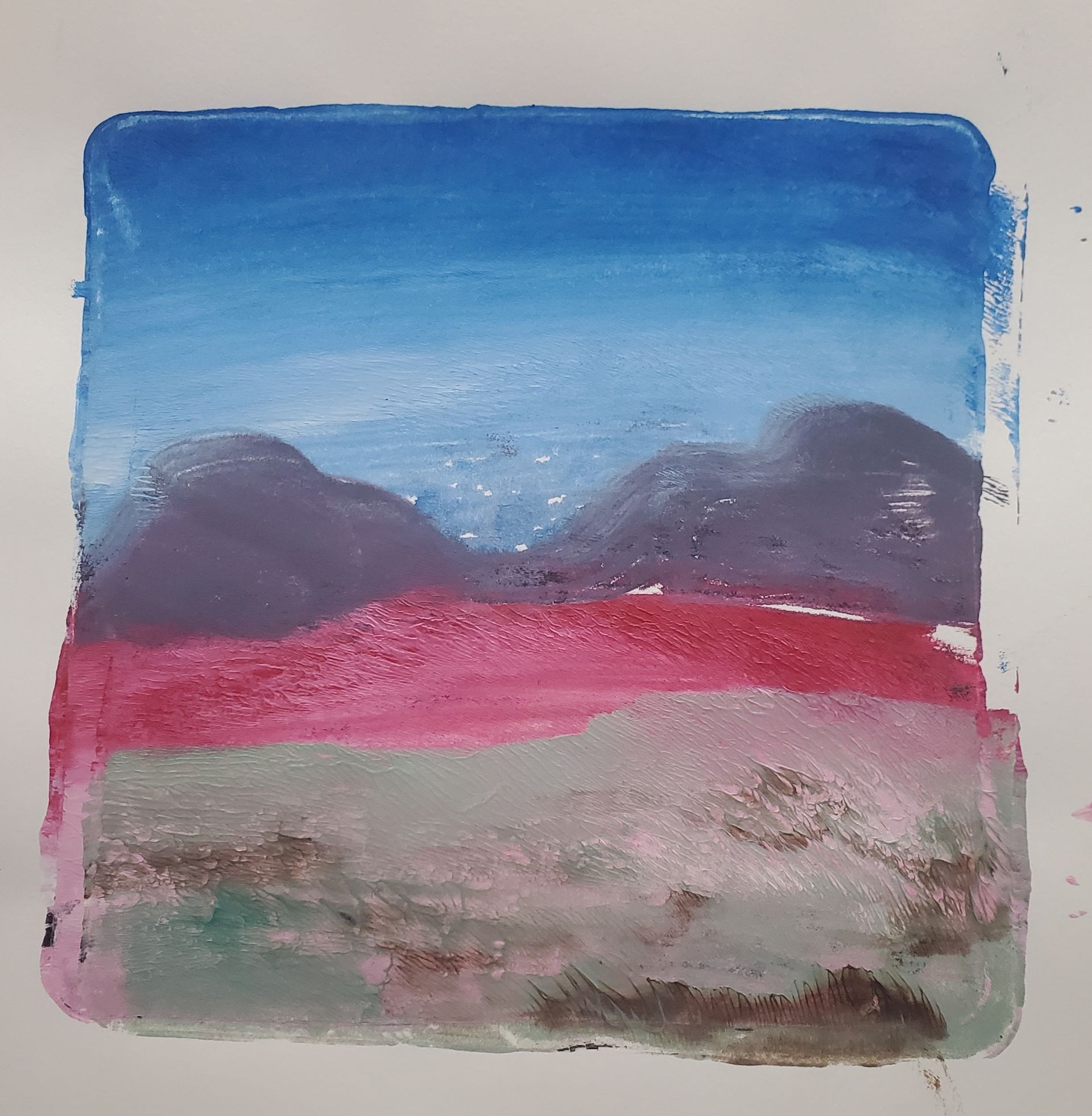 Abstract painting with blue sky, purple hills, pink horizon, and muted gray foreground