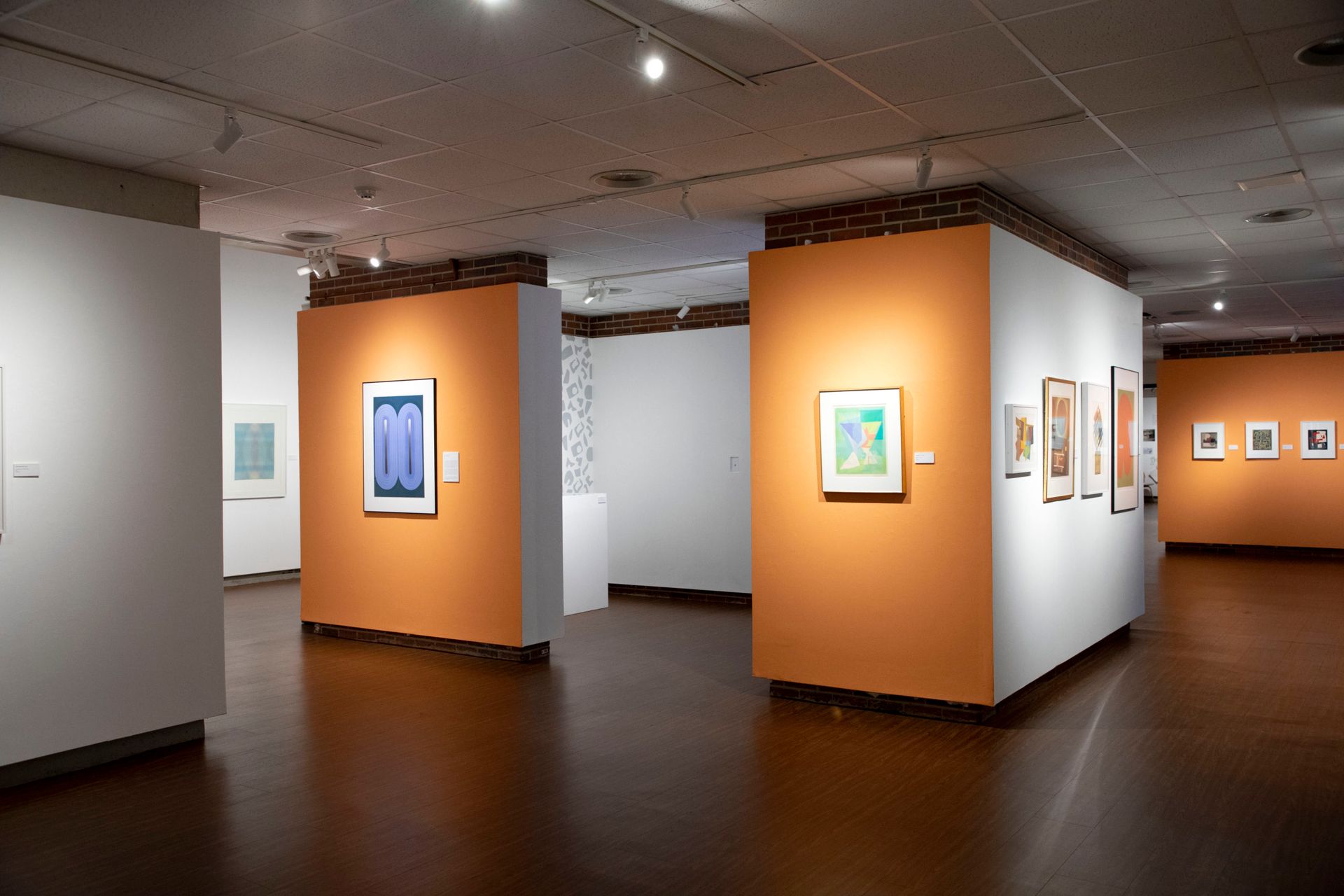 Art gallery with framed paintings on orange and white display walls under ceiling lights.