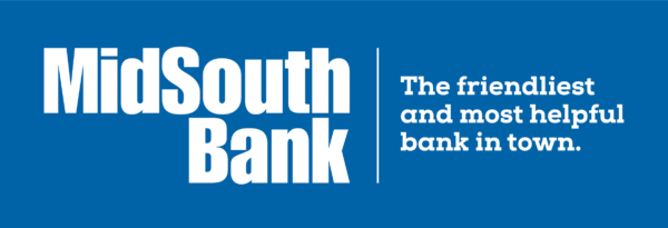 MidSouth Bank logo on blue background with tagline, “The friendliest and most helpful bank in town.”