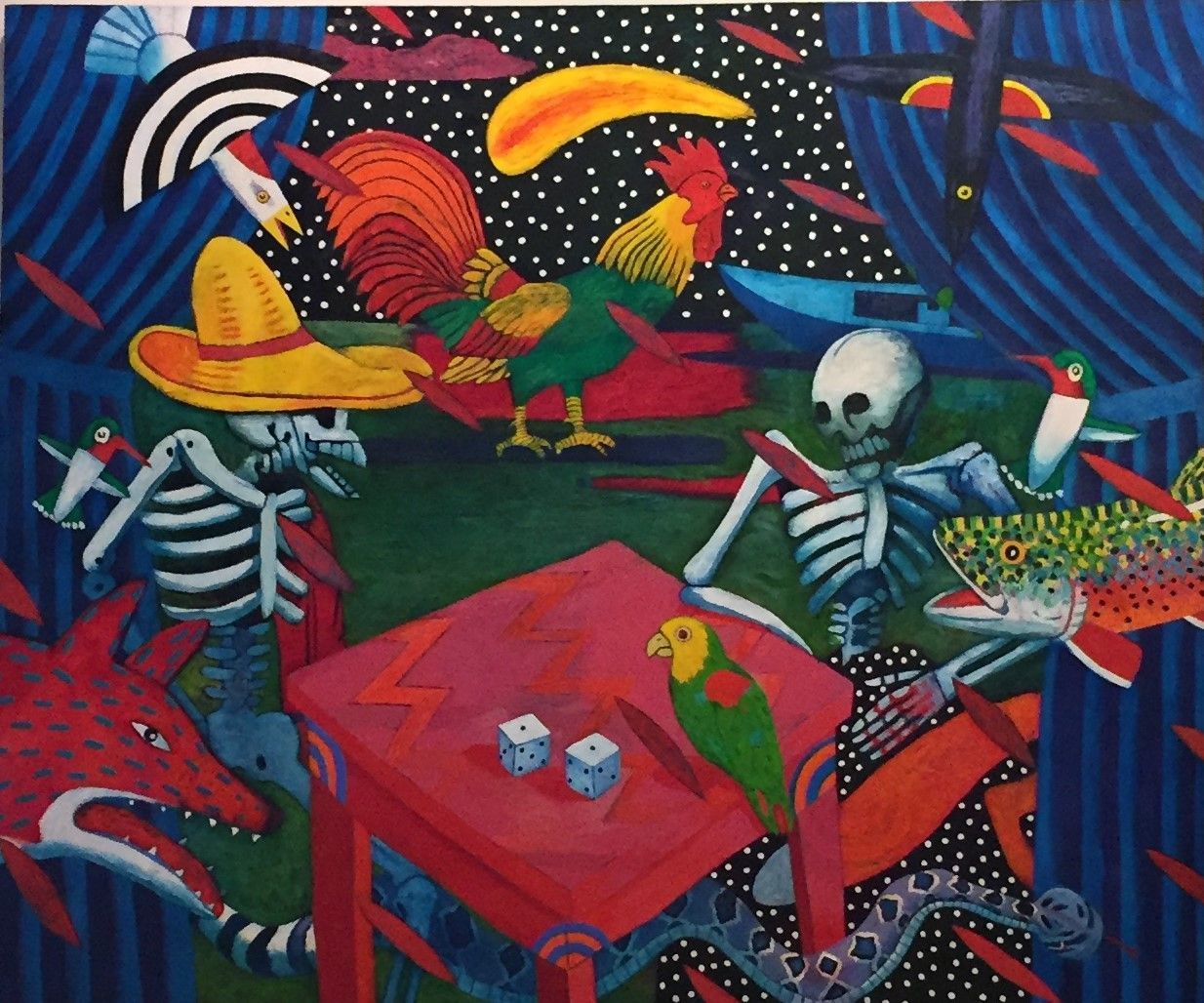 Surreal painting of skeleton figures, bright flowers, and a red table under a starry night sky