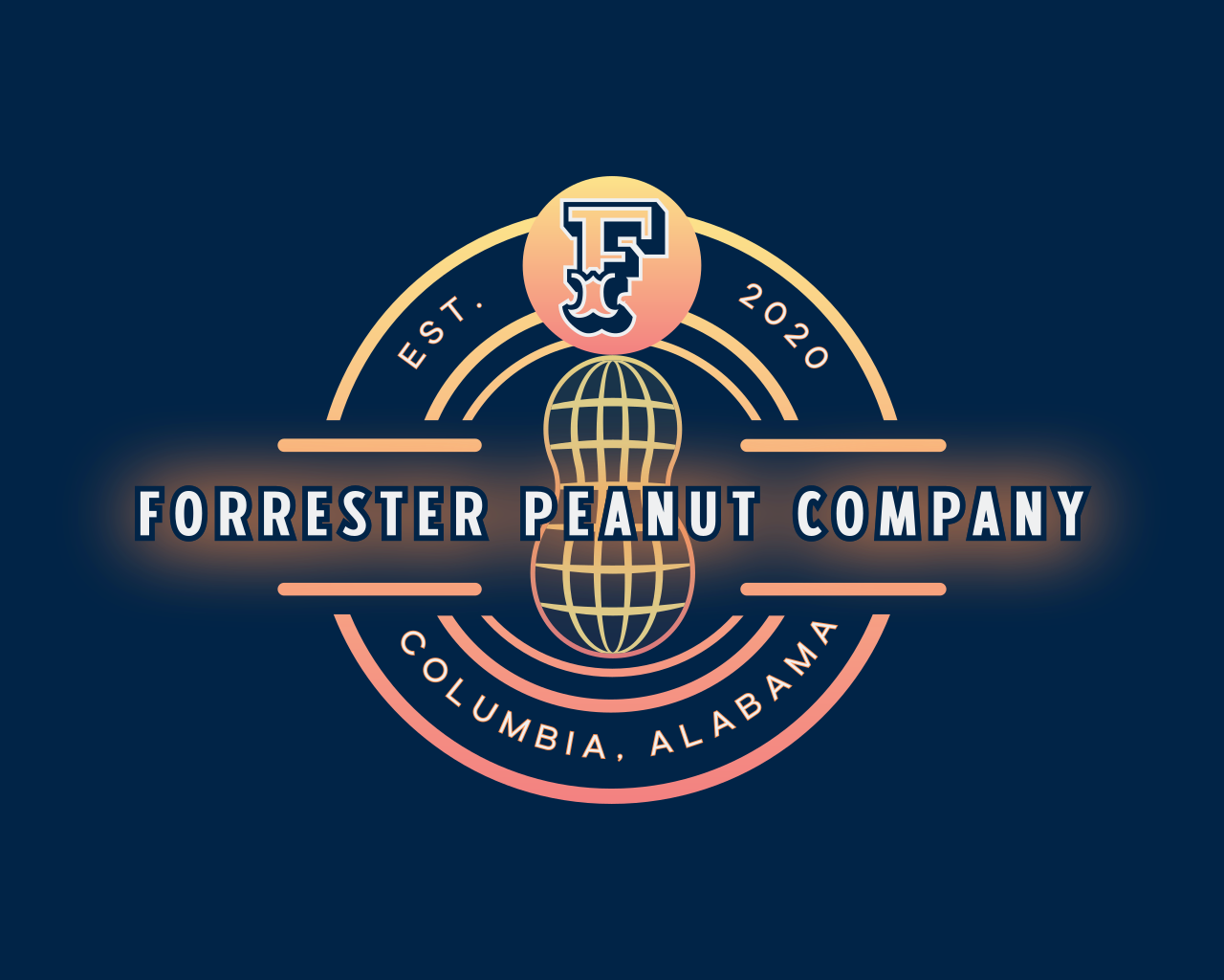 Forrester Peanut Company logo with globe and gold lettering on dark blue background, Columbia, Alabama