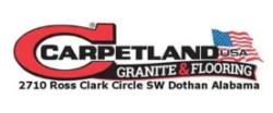 Carpetland USA Granite & Flooring logo with address in Dothan, Alabama