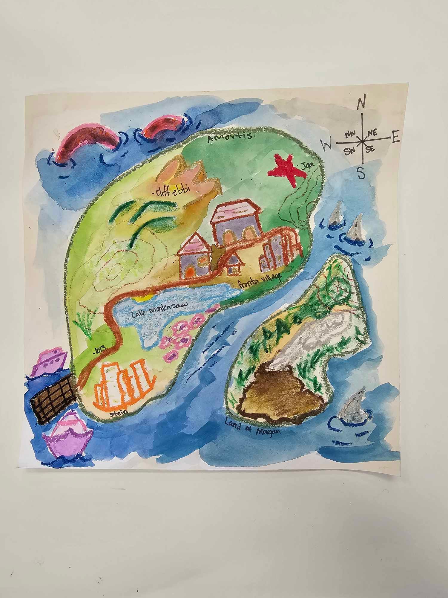 Hand-painted colorful map of an island with rivers, houses, hills, and surrounding blue sea