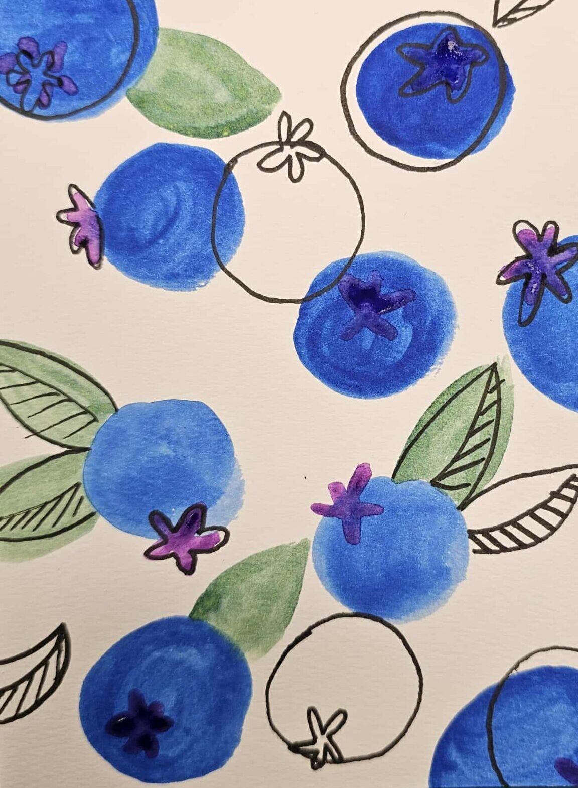 Hand-drawn blue berries and green leaves with small purple flowers on a cream background