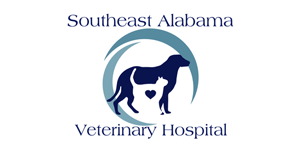 Southeast Alabama Veterinary Hospital logo with a blue dog and cat inside a circular emblem