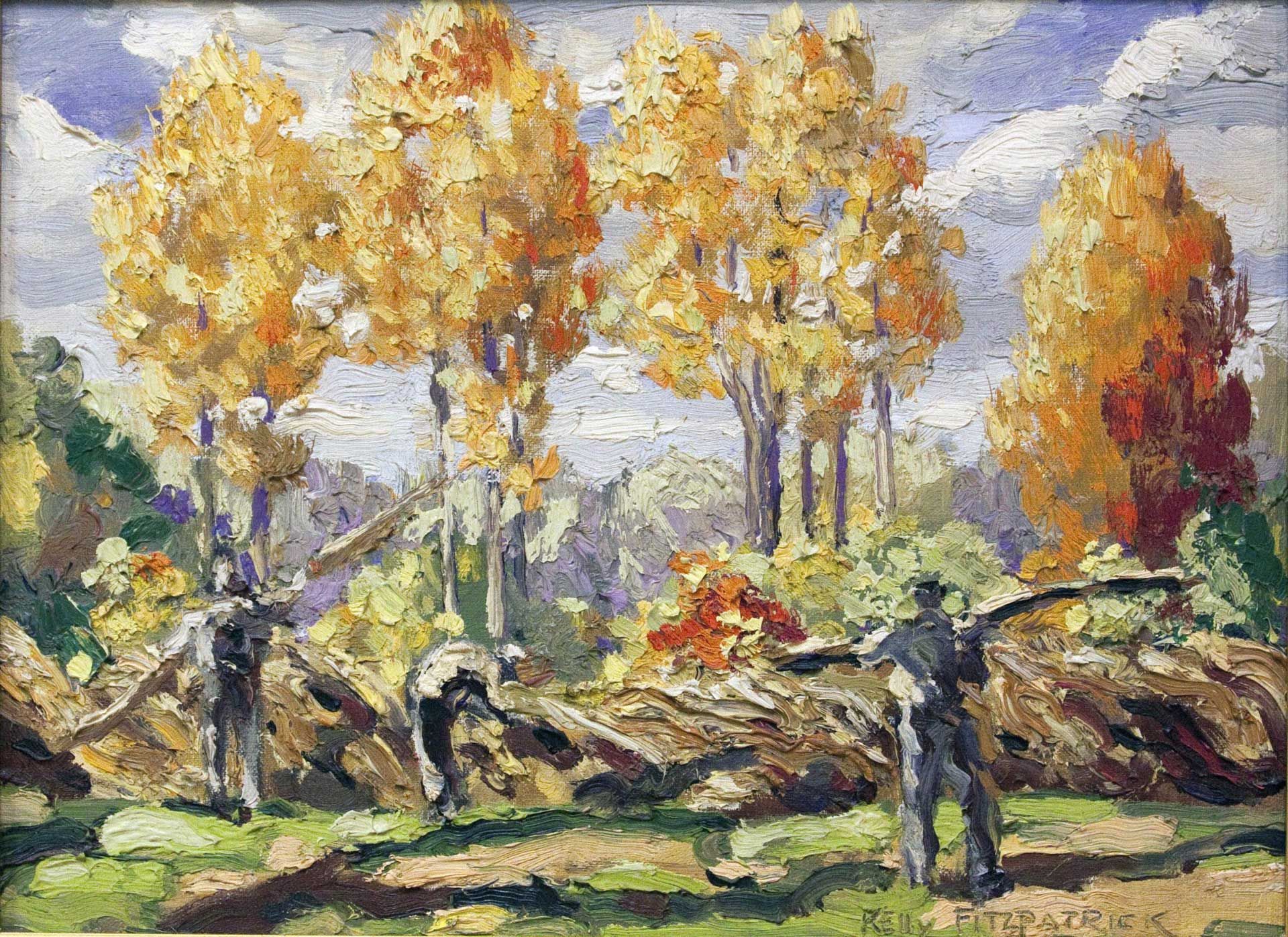 Autumn trees with yellow-orange leaves under a cloudy sky, painted in impressionistic brushstrokes