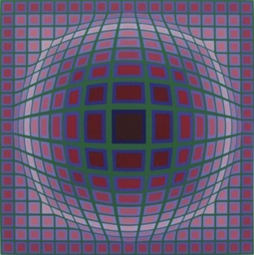 Abstract optical illusion with a warped red, blue, and gray grid forming a spherical shape.
