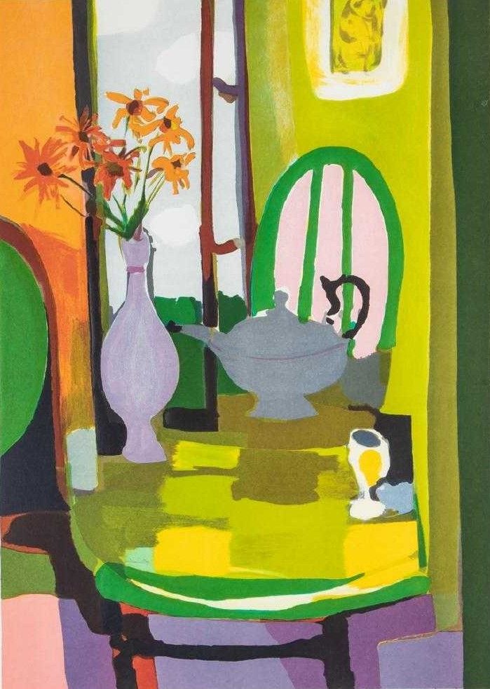 Abstract still life with colorful vases and flowers on a bright table, with a small cat figurine.