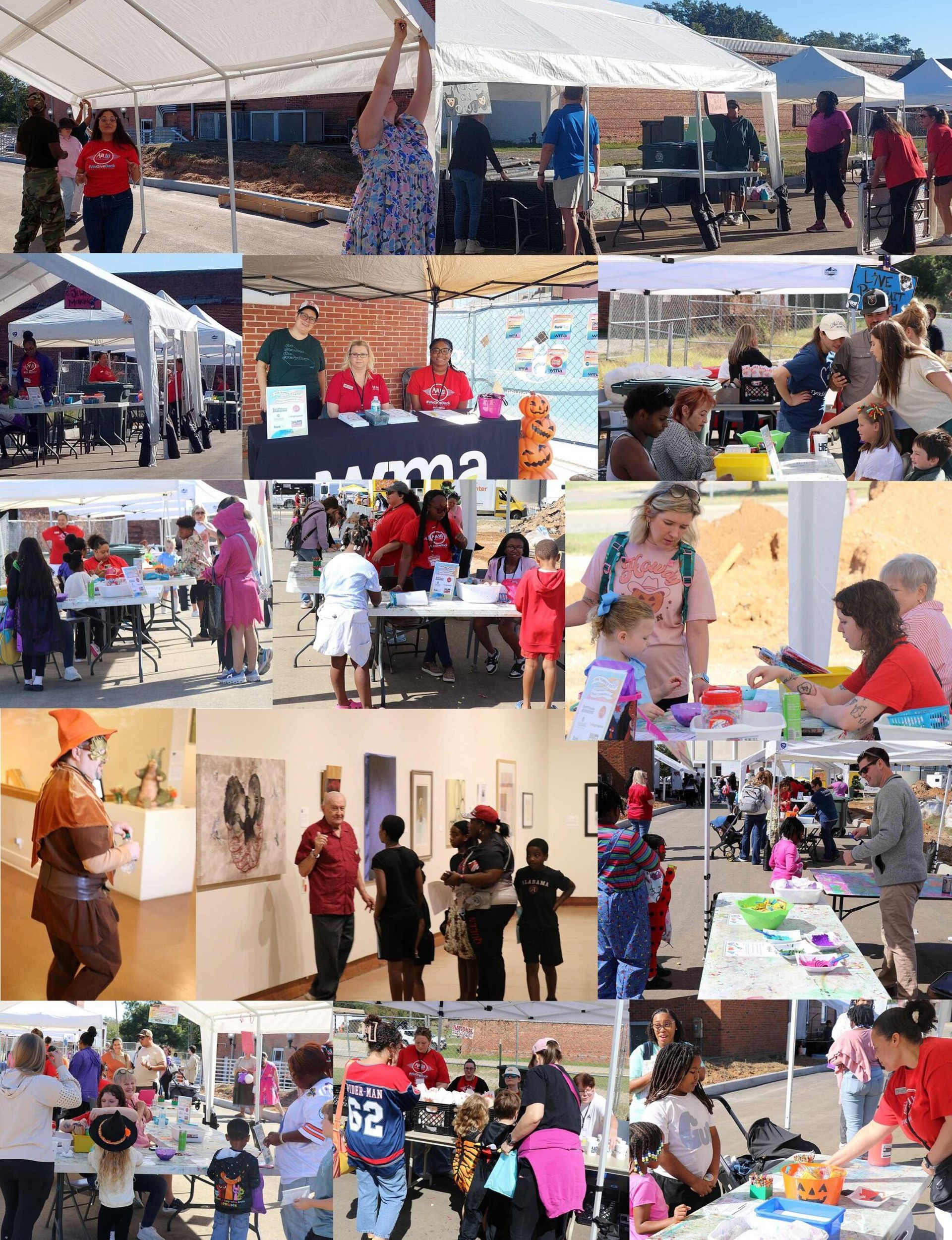 Outdoor community fair with booths, tables, and people browsing, talking, and handing out items under tents.