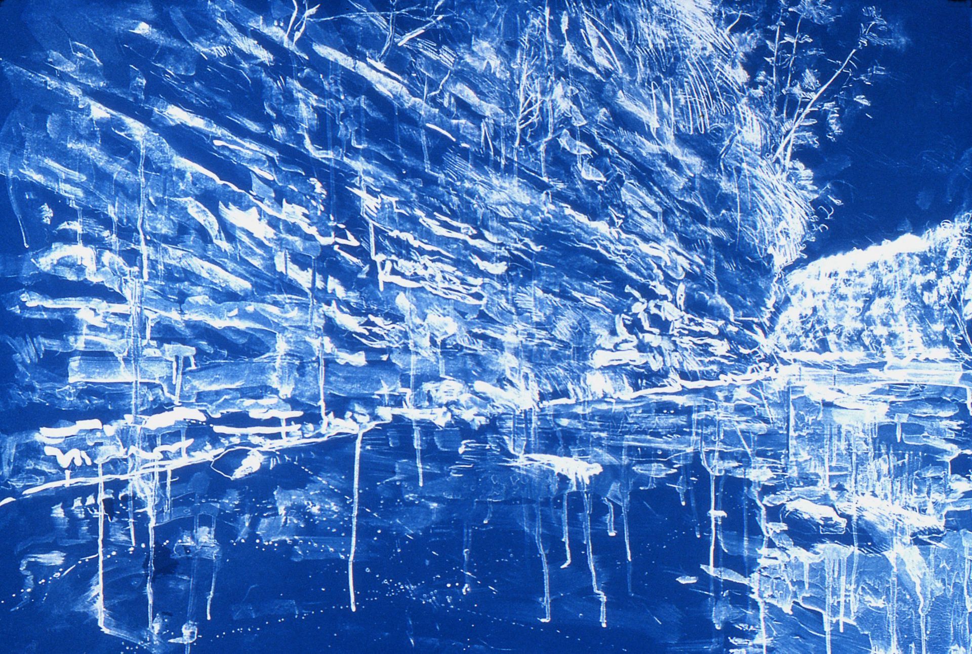 Blue abstract texture with white streaks and drips across a cracked surface.