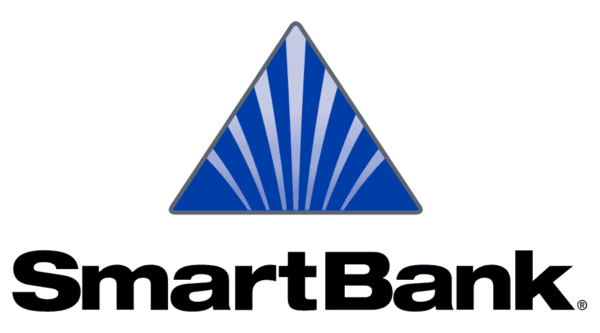 SmartBank logo with blue striped triangle above black text