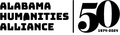Alabama Humanities Alliance 50th anniversary logo in black and white, 1974–2024