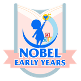 Logo for Nobel Early Years: a blue child figure with a wand over a crescent moon, ABC blocks, book, and ribbon with 