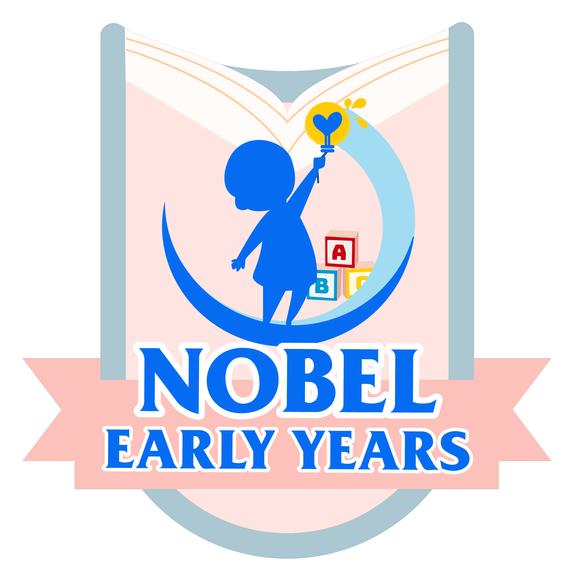 Logo for Nobel Early Years: a blue child figure with a wand over a crescent moon, ABC blocks, book, and ribbon with 