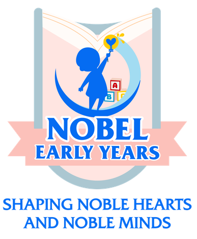 Logo: Blue child with wand over blocks and crescent, 