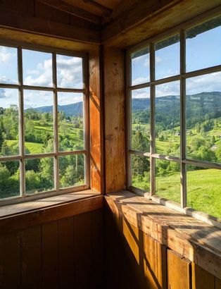 Wooden corner window overlooking a sunny green valley and mountains