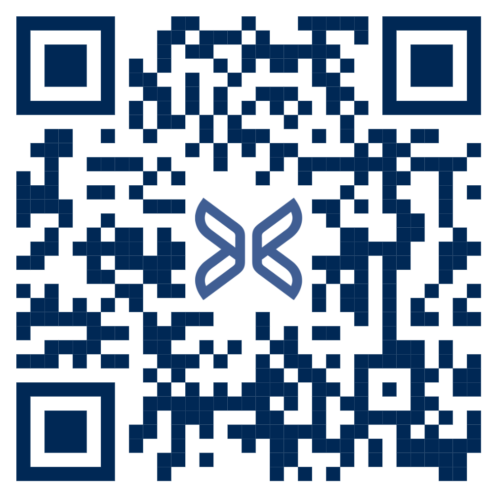 A blue qr code with a cross in the middle on a white background.