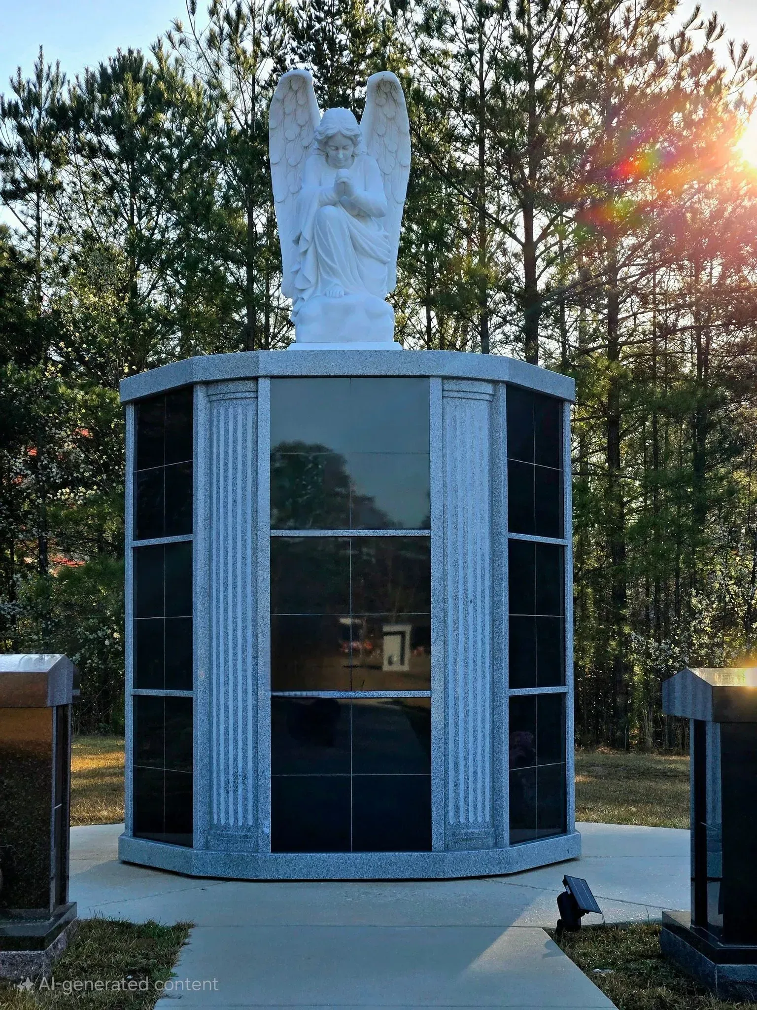 White stone angel statue on a hexagonal memorial with dark panels in a wooded cemetery at sunset