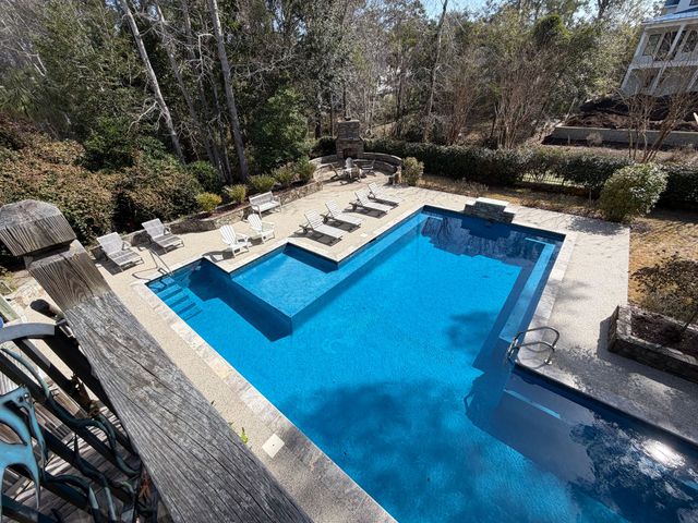 Backyard pool with blue water, stone deck, lounge chairs, and surrounding trees