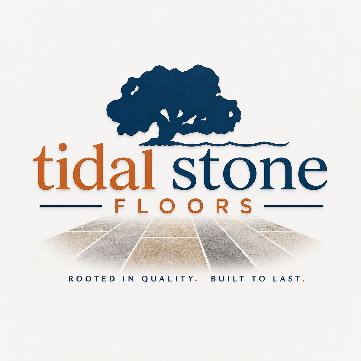 Tidal Stone Floors logo with blue wave, beach scene, and palm trees