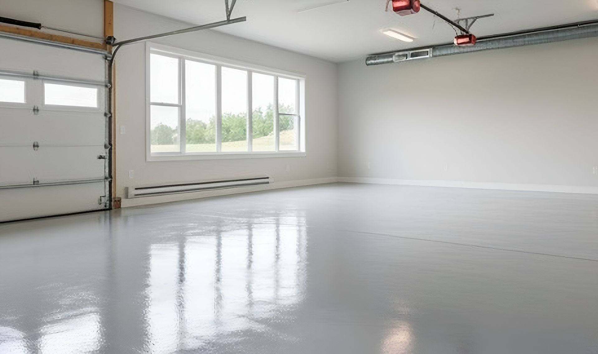 Empty modern garage with white walls, polished floor, and large windows and garage door.