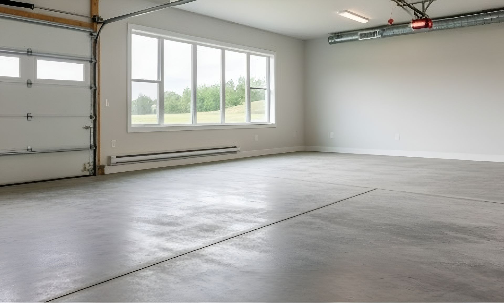 Empty two-car garage with concrete floor, white walls, and large window letting in daylight
