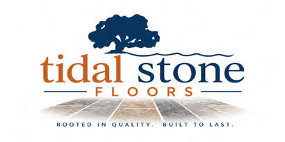 Tidal Stone Floors logo with blue wave, beach scene, and palm trees