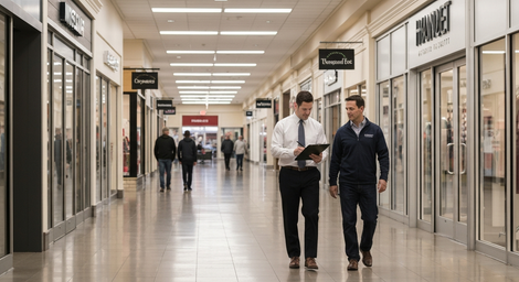 Bright indoor shopping mall corridor with two men walking past storefronts and signs.