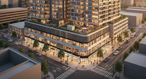 Aerial view of a modern mixed-use building complex at dusk on a city street corner, with lit storefronts and apartments.