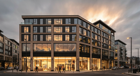Modern glass office building with lit storefronts at dusk on a city street