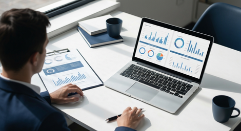 Person reviewing analytics charts on a laptop at a desk with papers and two coffee mugs.