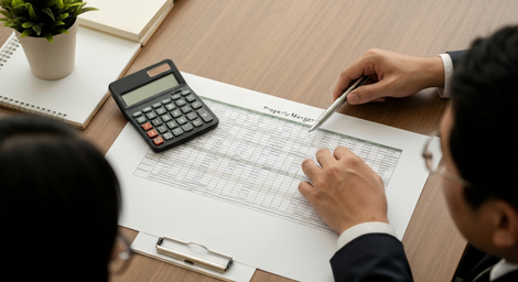 Two people review a document beside a calculator on a desk in an office setting