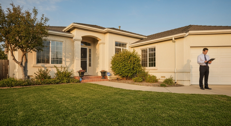 Single-story suburban house with a green lawn; a person stands near the right side holding papers.