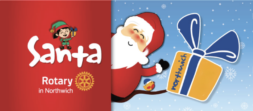 On the left is the word Santa with an elf holding a Christmas present. On the right Santa gives a cheery wave.