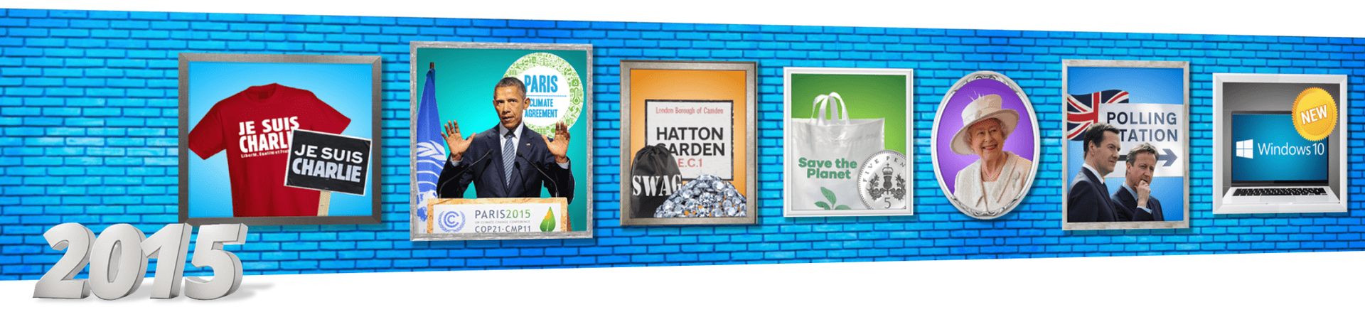2015 banner with posters featuring Obama, the Paris Climate Agreement, a 'Je Suis Charlie' t-shirt and more.