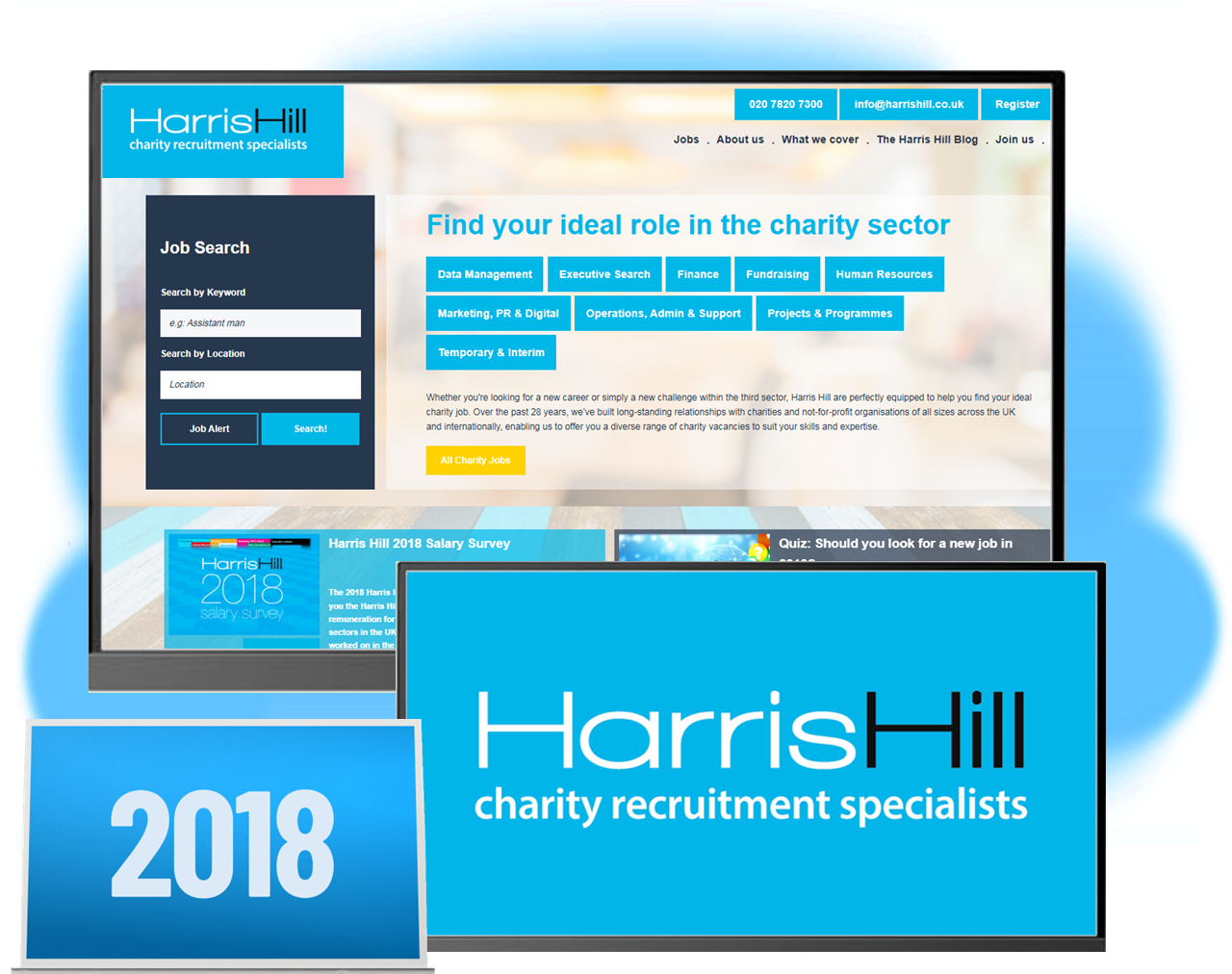 HarrisHill logo with text on laptop and document display. Ribbons stacked on left. Text says