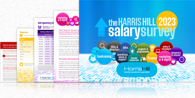 Harris Hill 2023 salary survey graphic with a blue background and a logo with various career fields.