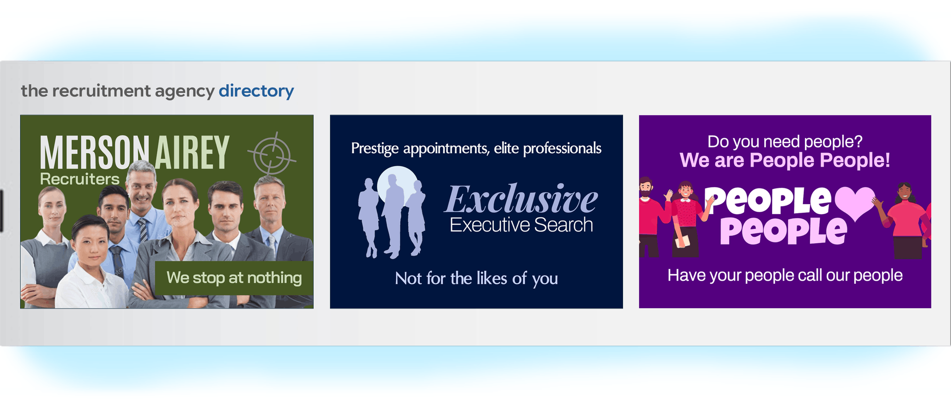 Advertisements for Merson Airey Recruitment, Exclusive Executive Search, and People People.