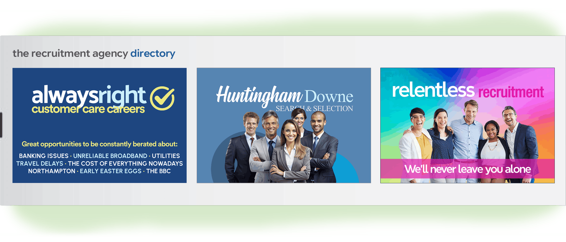 Three website ads: AlwaysRight, Huntington Insurance, and Relentless Market, with people and company names.